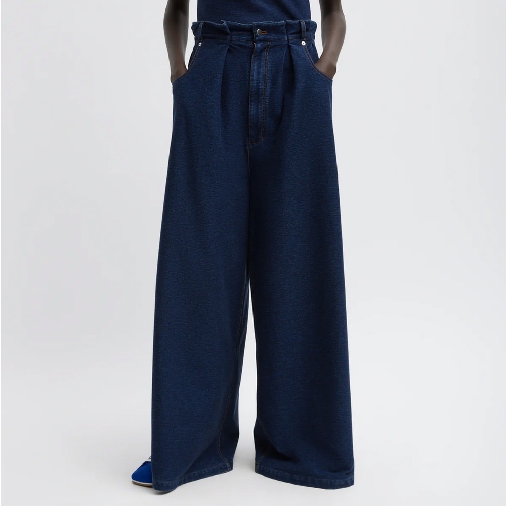 Nwt Indigo Barre Denim Knit Walker Wide Leg Jean